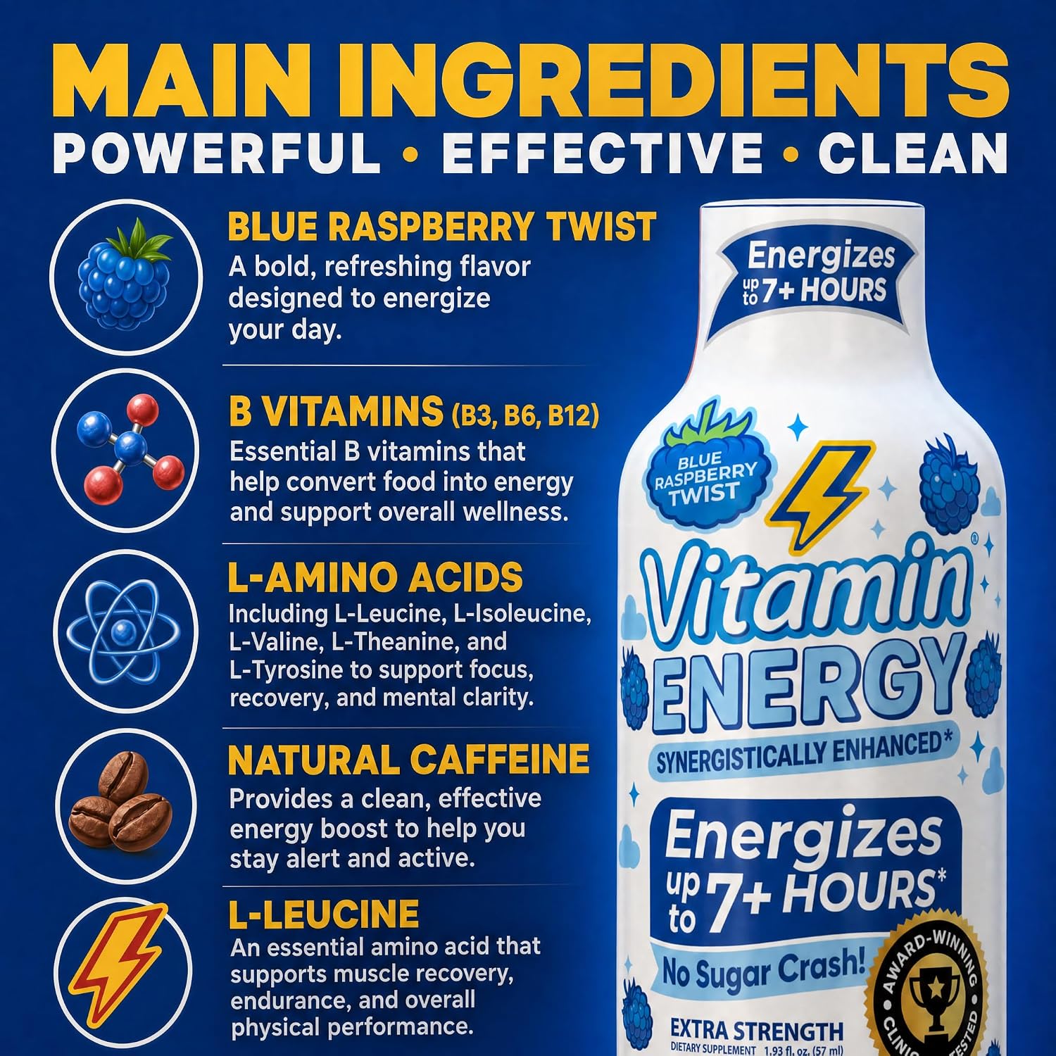 Vitamin Energy Blue Raspberry Twist Extra Strength Energy Shot, 12 Pack - Up to 7 Hrs, 260mg Natural Caffeine, Zero Sugar - Electrolytes + BCAAs, Hydration, B12 B6 Niacin, 1.93 fl oz, Keto Vegan