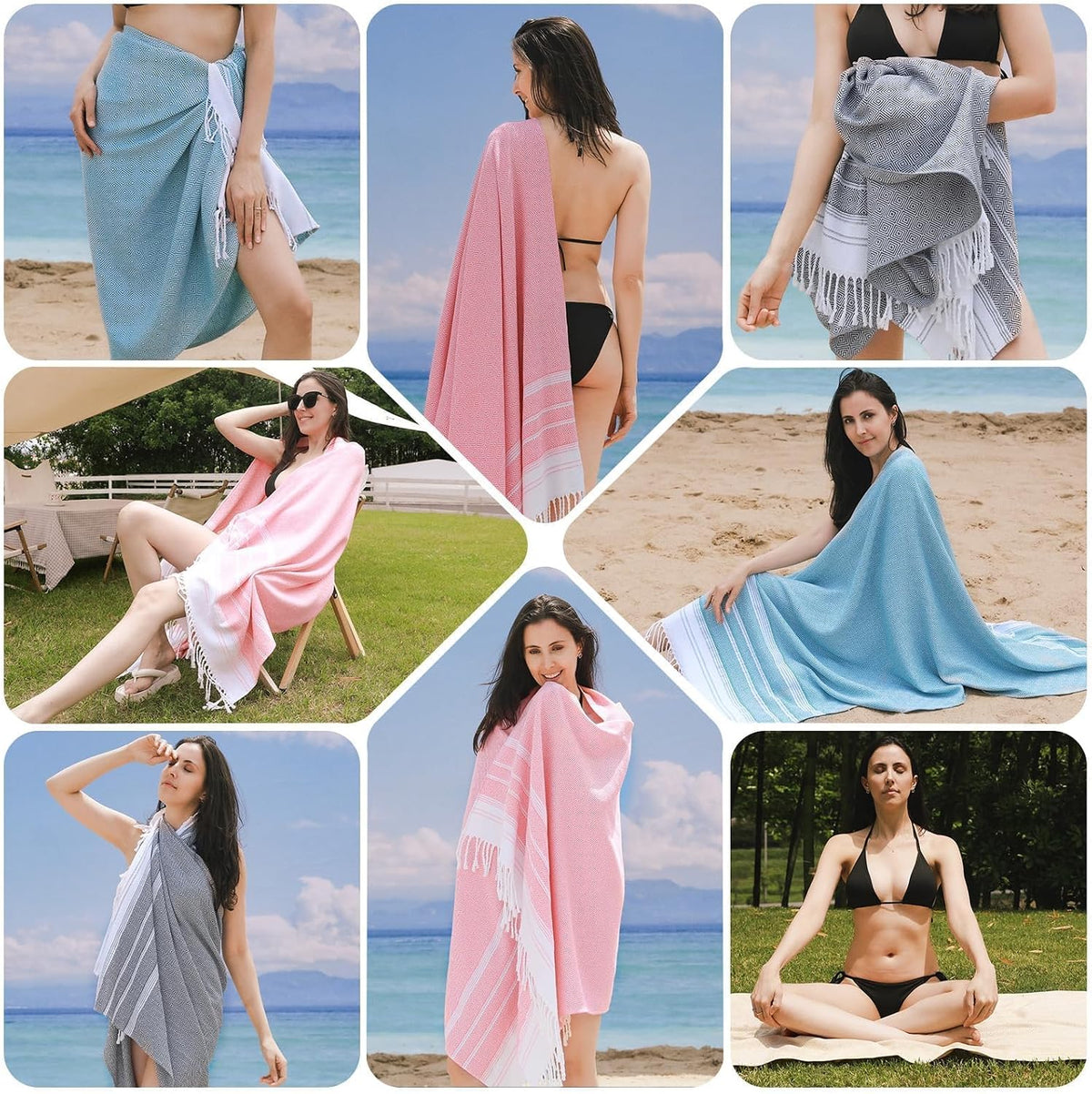 Genovega 6 Packs Oversized Turkish Beach Towels Set Towel Bulk 74"x38" Extra Large Quick Dry Sand Free Light Swim Bath Camping Pool Towel Travel Blanket Essentials Cruise Accessories Adult Vacation