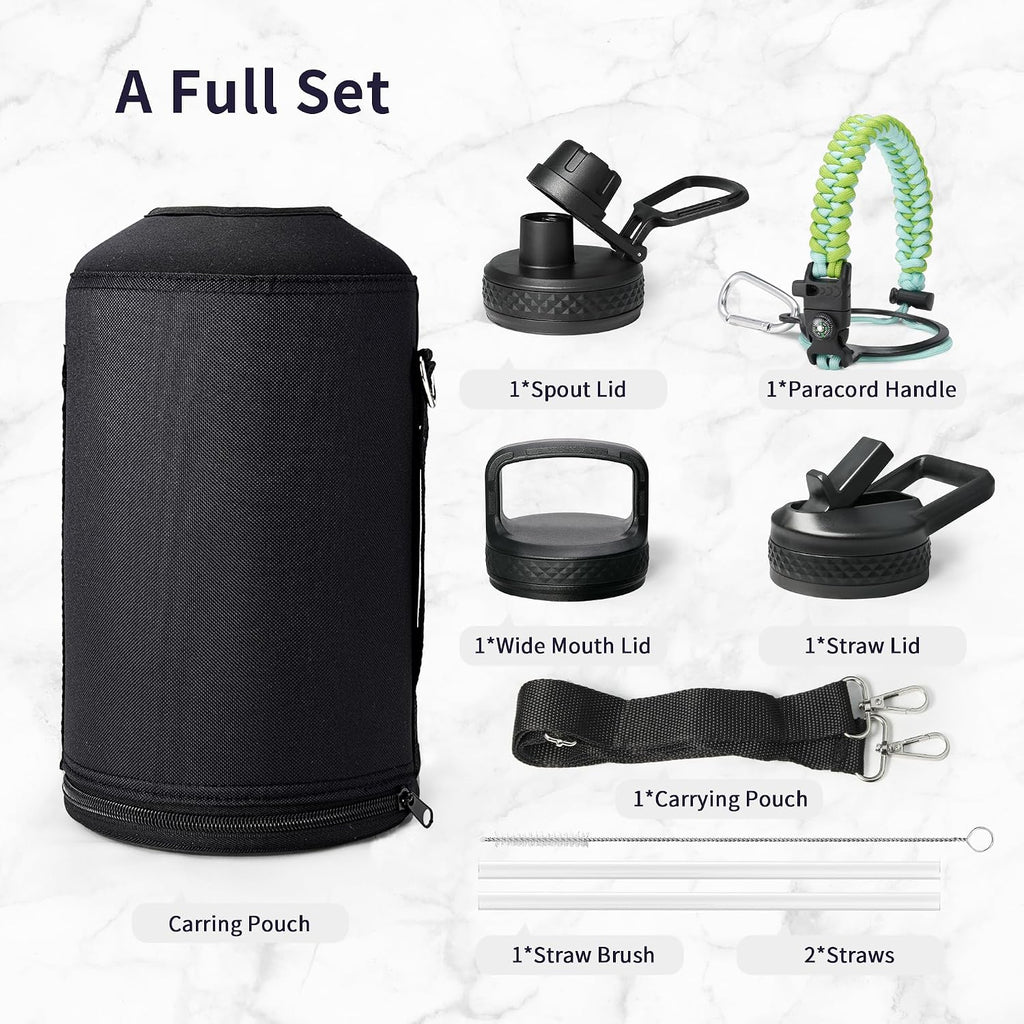 Trebo One Gallon Water Bottle Insulated with 3 Lids, Paracord Handle & Bag