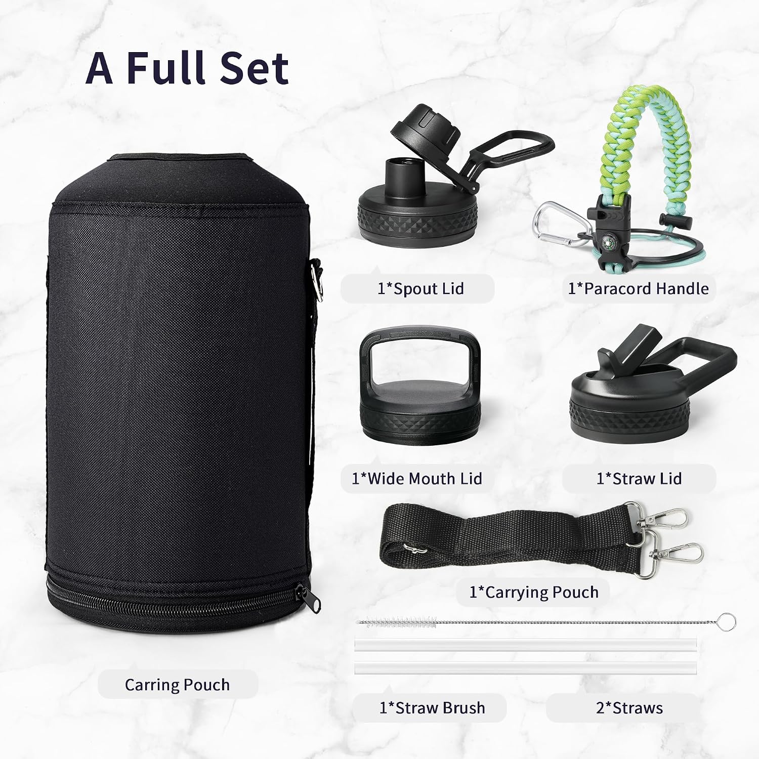 Trebo One Gallon Water Bottle Insulated with 3 Lids, Paracord Handle & Bag