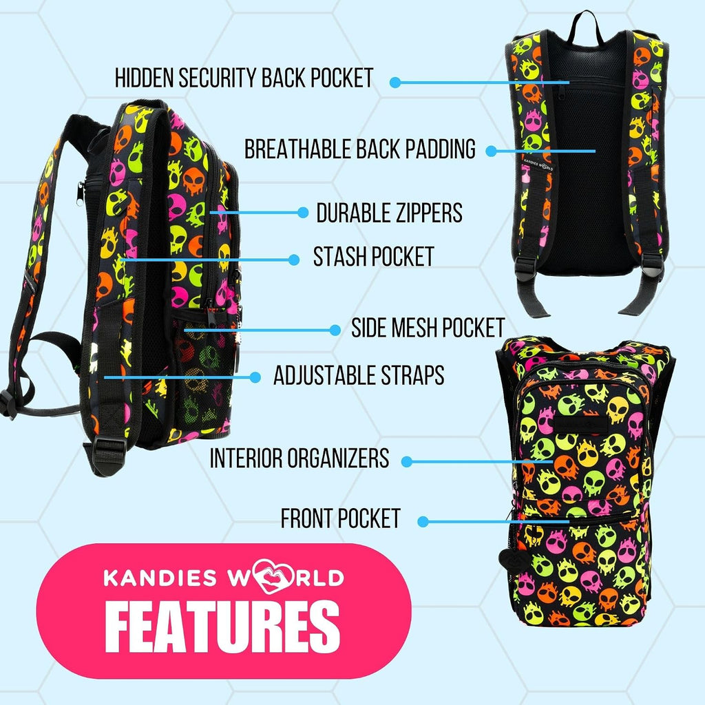 Kandies World Reflective Festival Hydration Pack - 2L Hydropack for Raves, Hiking, Biking, Running, and More (with Anti-Theft Pocket)