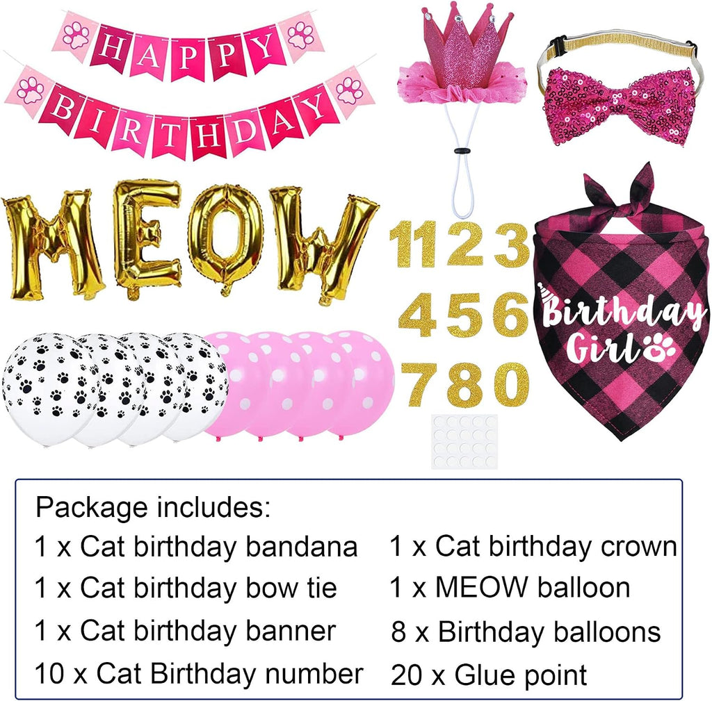 Cat Birthday Party Supplies, Cat Birthday Hat Crown with Number Bandana Bow Tie Banner Balloons Meow Balloons for Cats Kittens Decorations