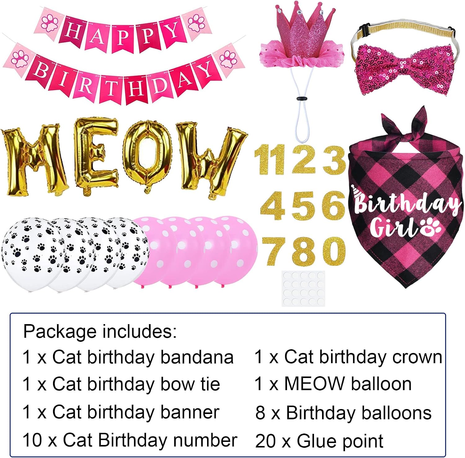 Cat Birthday Party Supplies, Cat Birthday Hat Crown with Number Bandana Bow Tie Banner Balloons Meow Balloons for Cats Kittens Decorations