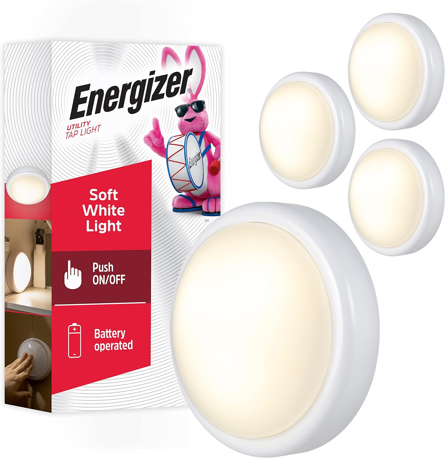 Energizer Batter Powered Tap Light, Press On/Off, 4 Pack