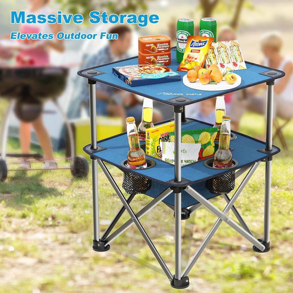 Folding Camping Table, Portable Outdoor Picnic Table, Lightweight Square Camp Table with Built-in 4 Cup Holders Food Basket and Travel Bag for Barbeque Beach Camping and Tailgate Blue