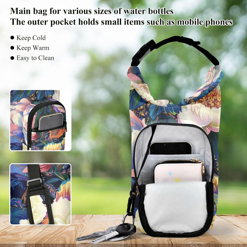 Peony Flowers Paisley Colorful Water Bottle Holder with Strap Insulated Water Bottle Carrier Crossbody Bags Pouch with Phone Pocket for Travel Gym Hiking Walking Running