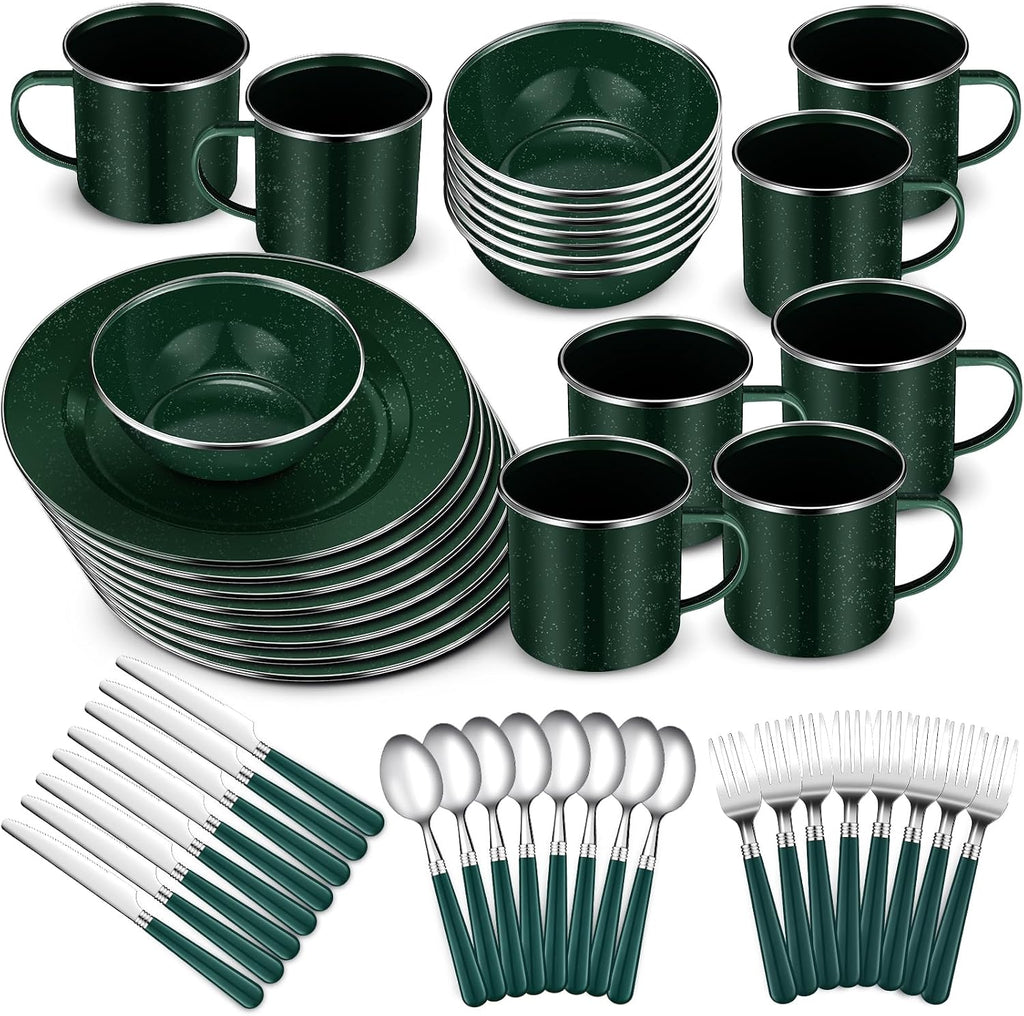 Nuogo 24 Pcs Camping Dinnerware Enamel Mugs Plates Bowls Utensils, Red