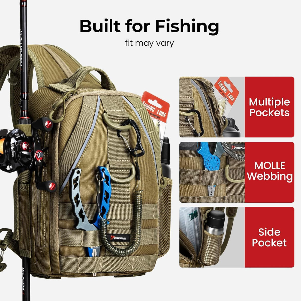 Piscifun Fishing Backpack, Rod Holders, Lightweight Sling Bag, Khaki