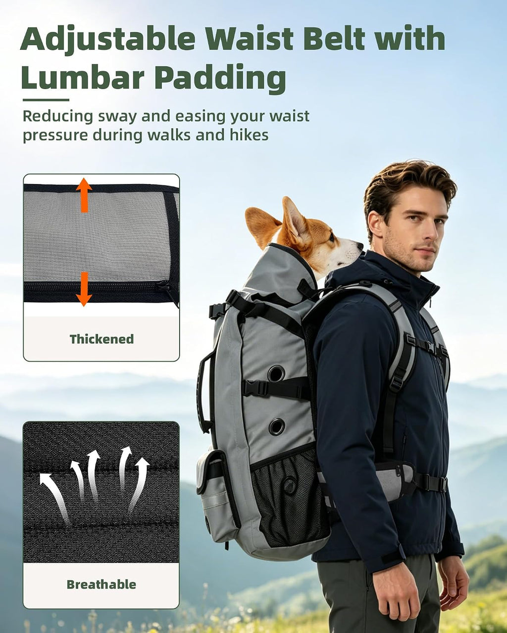 Breathable Dog Hiking Backpack Carrier for Medium Dogs, Grey