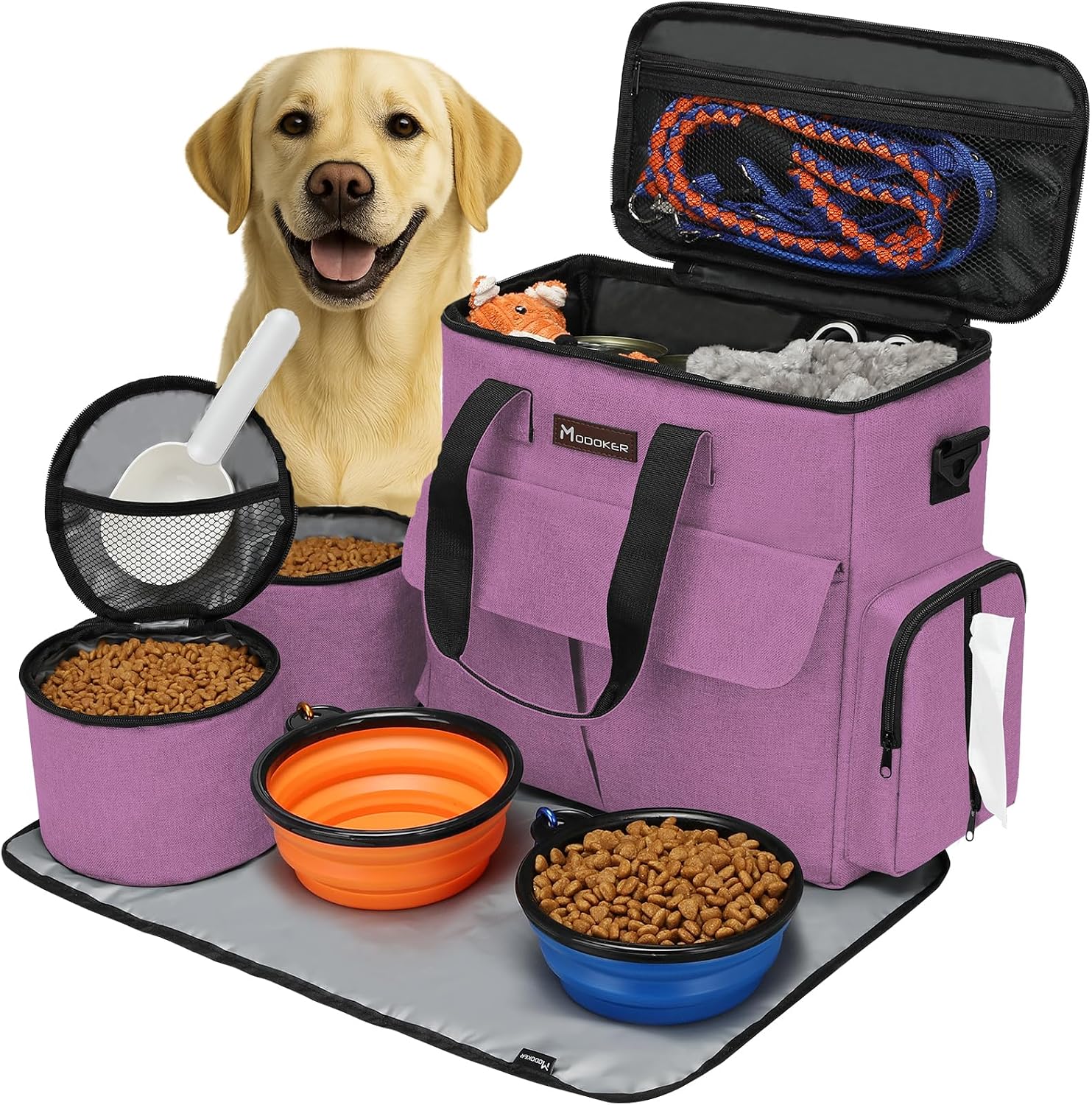 Modoker Weekend Dog Travel Bag Set with 2 Food Bags, 2 Bowls and Mat, Black