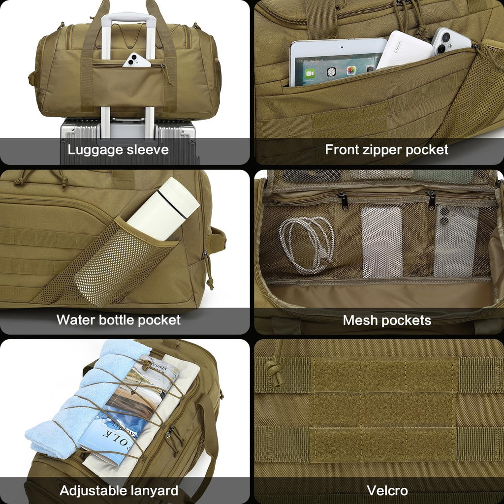 3-in-1 Tactical Gym & Travel Duffle Bag Backpack Men Multi-Functional 45L Military Sports Duffle Bag with Shoe Compartment & Wet Pocket for Workout Weekender Overnight Bag with Molle Webbing, Brown