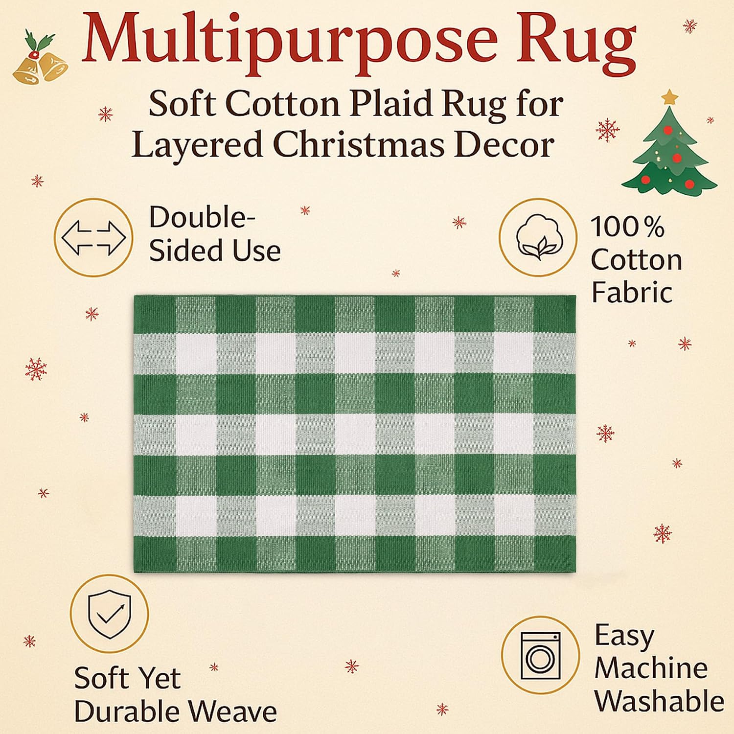 Christmas Green & White Plaid Rug - 4' x 6' Outdoor Front Door Decor Mat Cotton Washable Hand-Woven Rug Christmas New Year Holiday Porch Entryway Layered Doormat