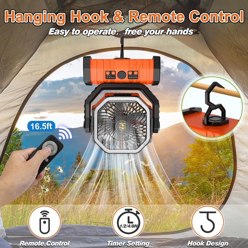 20000mAh Camping Fan with LED Lantern, Rechargeable Battery Powered Fan