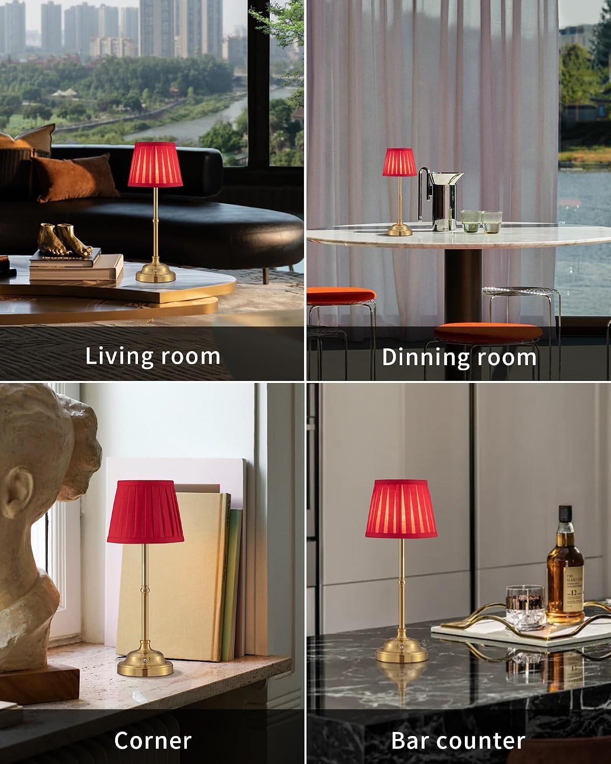 KDG Gold Cordless LED Table Lamps Set of 2, Red Fabric Shade Desk Lamps