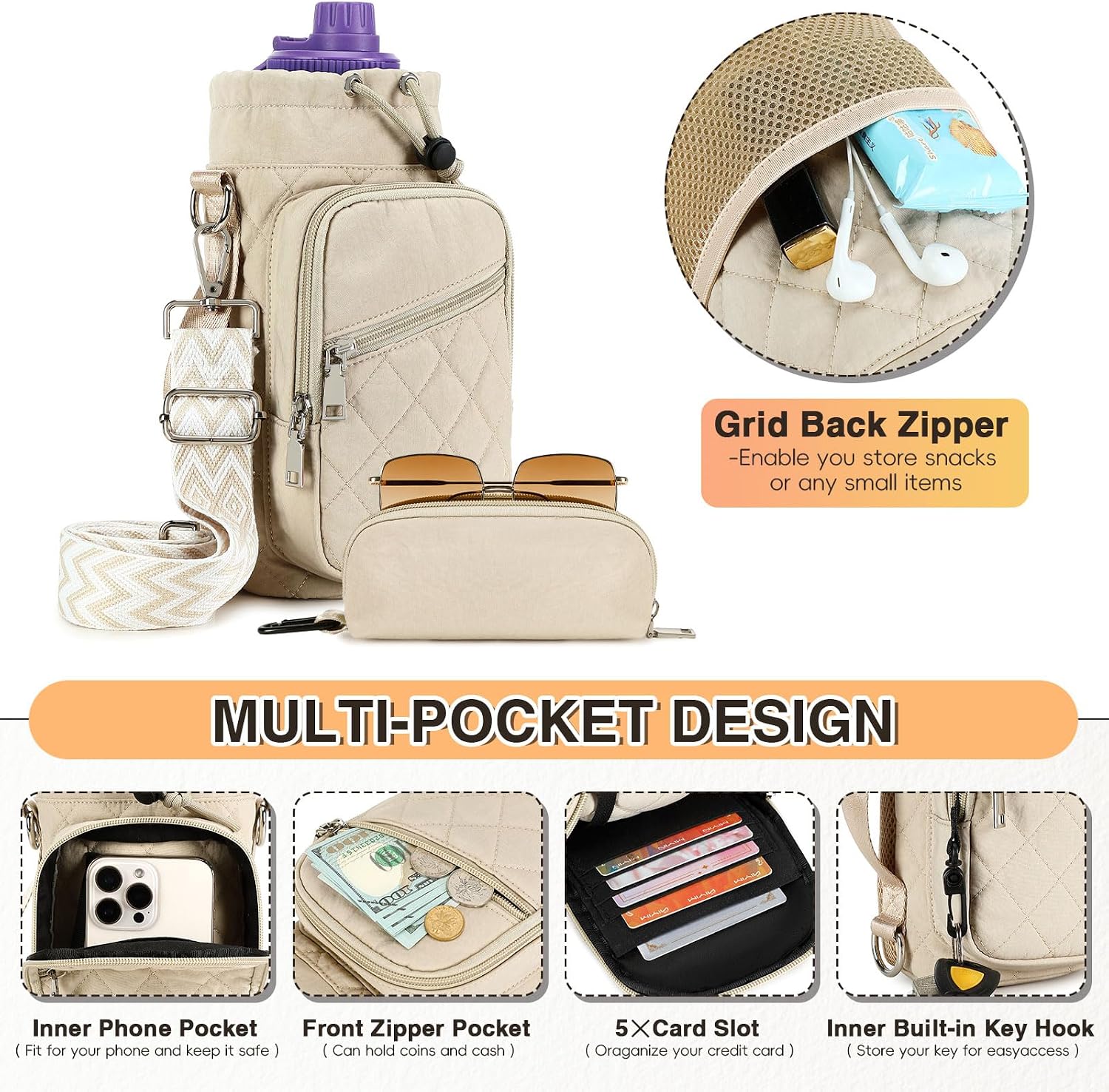 AGLOD Water Bottle Carrier Bag with Strap, Water Bottle Holder Crossbody Bags for Women Men for Walking, Hiking,Cycling