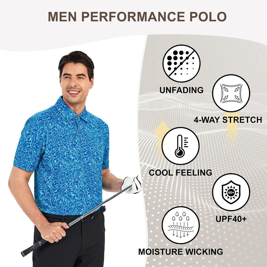 Damipow Golf Shirts for Men Dry Fit Short Sleeve Print Collared Polo Shirt