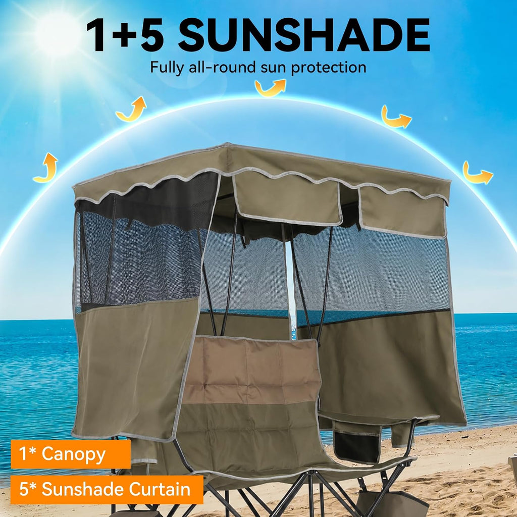 Padded Double Camping Chair With Canopy,Folding Chair Support 450LBS, Green