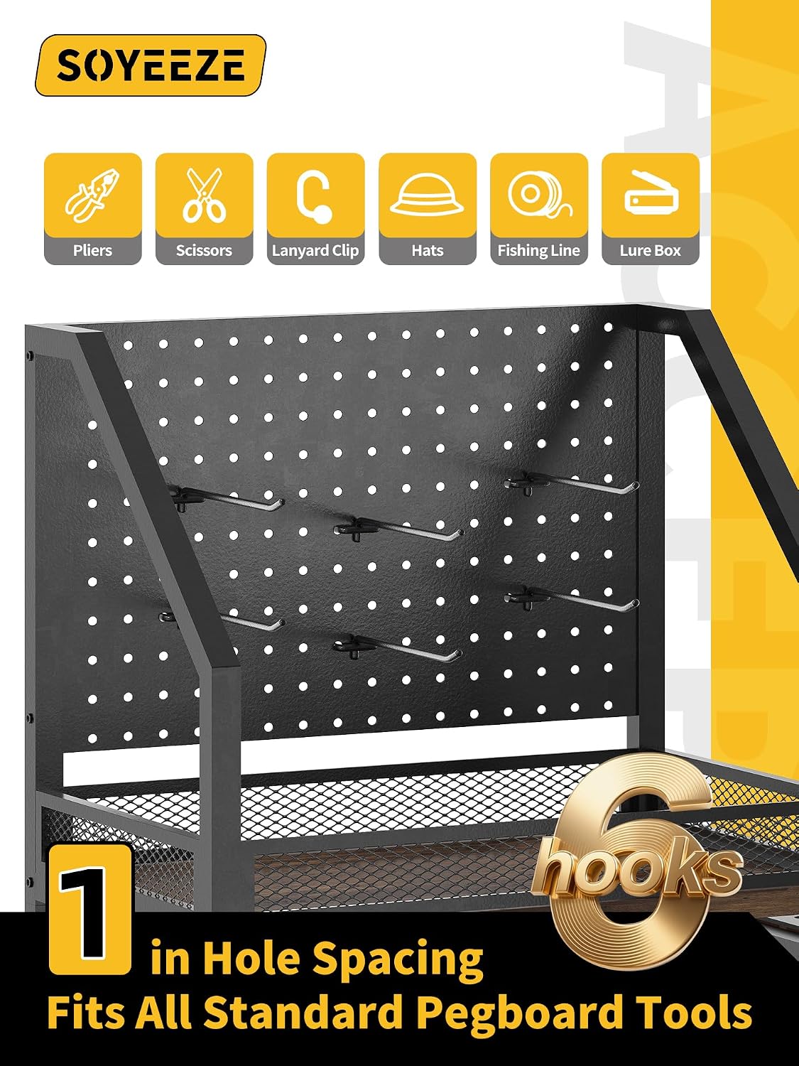 SOYEEZE Fishing Rod Holders for Garage, Fishing Pole Holders Up to 12 Rods with Pegboard and Hooks,Rolling Fishing Cart with Wheels, Fishing Gear Storage For Tackle Box & Reel Organization- 10 Hooks