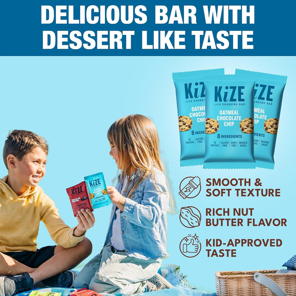 KiZE Energy Bars - Oatmeal Chocolate Chip - 20-Count - Gluten Free, Dairy Free, Non-GMO, and High Protein Meal Replacement Energy Bars, Clean and Simple Food Ingredients - 7g High Protein Snacks (20 Count)