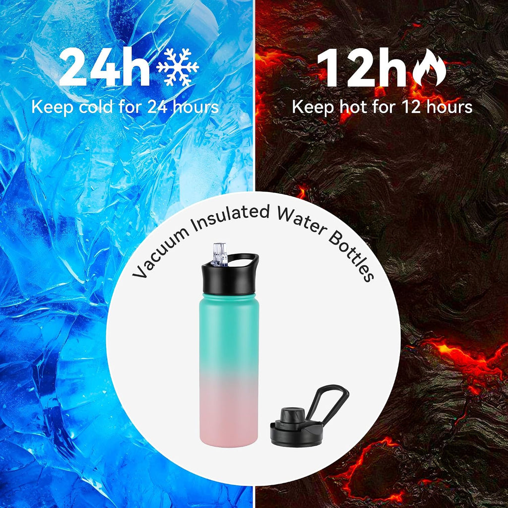 24oz Insulated Water Bottle with Straw Lid, Stainless Steel Metal Water Bottle with Straw & Wide Mouth Lid, Double Wall Vacuum Water Bottle for Hiking Camping, Bubble Gum 8 Pack