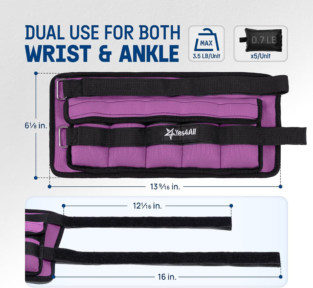 Yes4All Adjustable Wrist & Ankle Weights 3.5/5 LB Pair, Leg Weights for Women & Men, Weighted Arm Bands with Removable Sandbags for Fitness, Pilates, Walking, Strength Training - Versatile Colors