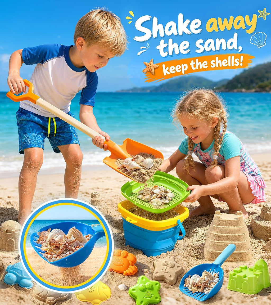 Collapsible Beach Sand Toys for Kids, Sandbox Toys Summer Travel Essentials | Includes Bucket, Sand Shovel, Beach Sifter, Castle Molds, Toddler Beach Toys with Mesh Bag, Outdoor Beach for Kids Girls