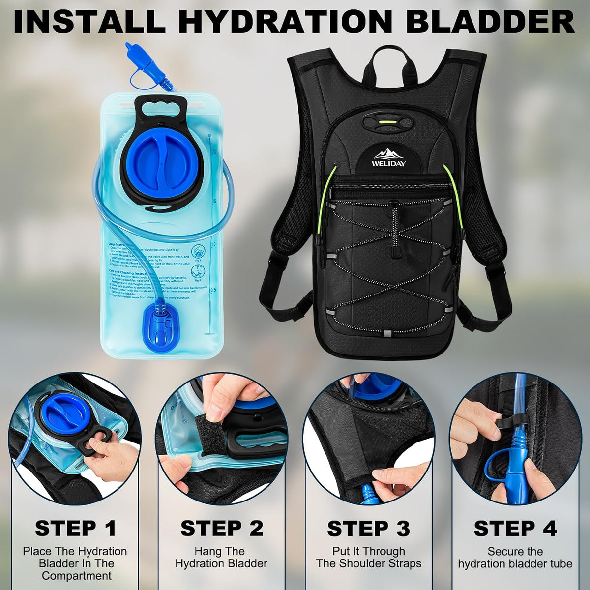 Lightweight Hydration Backpack with 2L Leak Proof Water Bladder