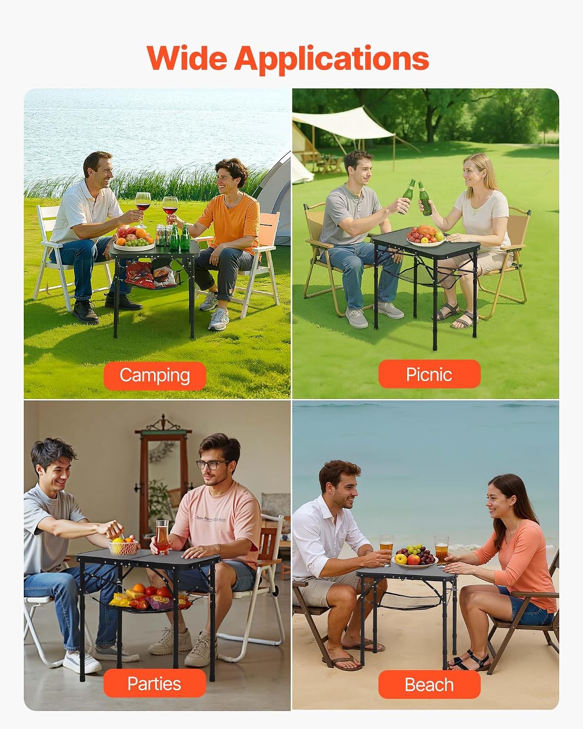 VEVOR Folding Camping Table, Adjustable Height Aluminum MDF Outdoor Portable Lightweight, for Cooking, Beach, Picnic, Travel, 24 x 16 inch