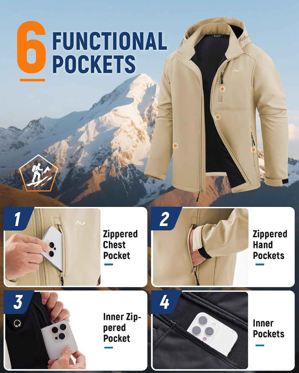 WULFUL Men's Softshell Jacket Waterproof Lightweight Insulated Windbreaker Fleece Lined Rain Shell Jacket for Hiking Travel