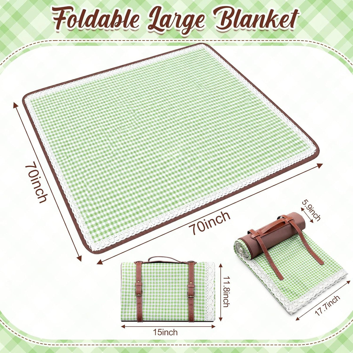 VitalCozy Gingham Picnic Blankets 59x78 in Outdoor Waterproof, Green White