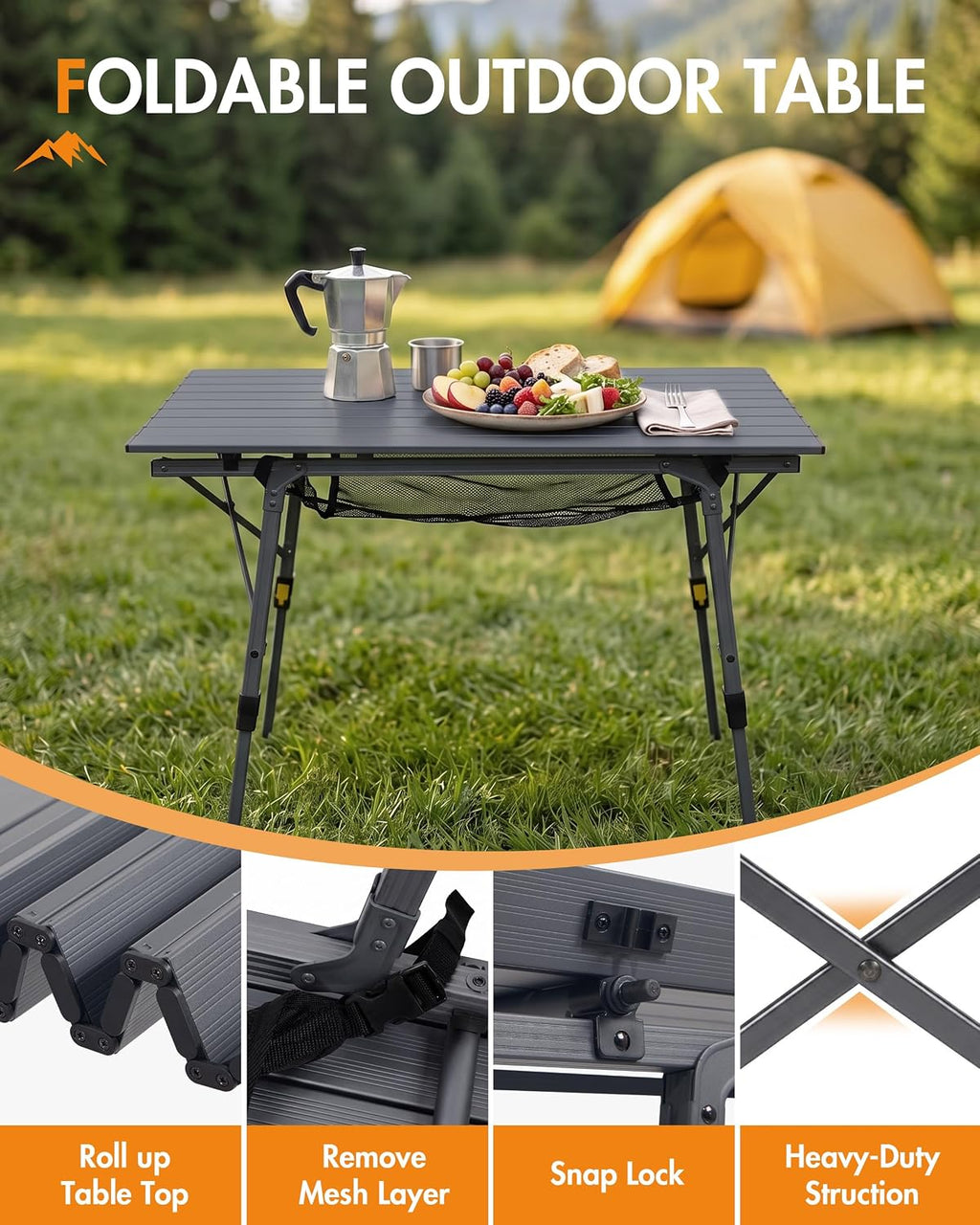 Portal Outdoor Folding Portable Picnic Camping Table with Adjustable Height Aluminum Roll Up Table Top Mesh Layer, Dark Gray