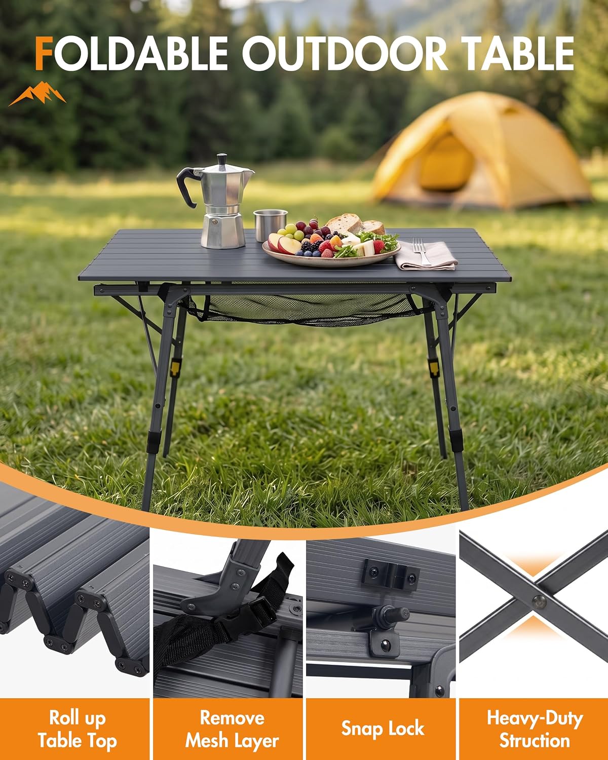 Portal Outdoor Folding Portable Picnic Camping Table with Adjustable Height Aluminum Roll Up Table Top Mesh Layer, Dark Gray