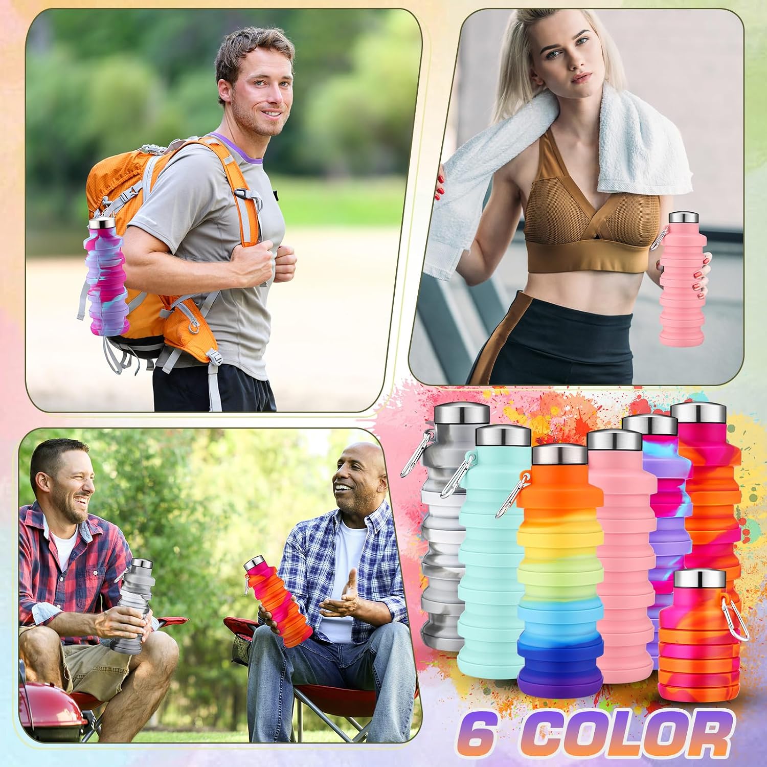 Sunnyray 20 Pack Collapsible Water Bottles Bulk Foldable Water Bottles 17oz Silicone Portable Leak Proof Reusable Sports with Clip for Travel Hiking Camping Outdoor (Tie-dye)