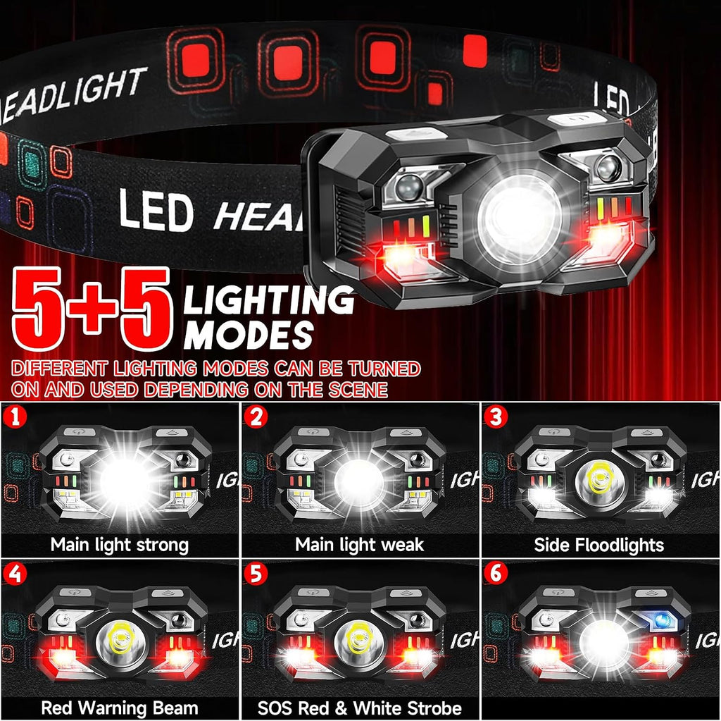 Headlamp Rechargeable 2Pack, 3000 Lumen Ultra-Light Bright Headlamp Flashlight with White Red Light, LED Headlight Motion Sensor, 5+5 Mode for Outdoor Camping Fishing Running Hiking (2)