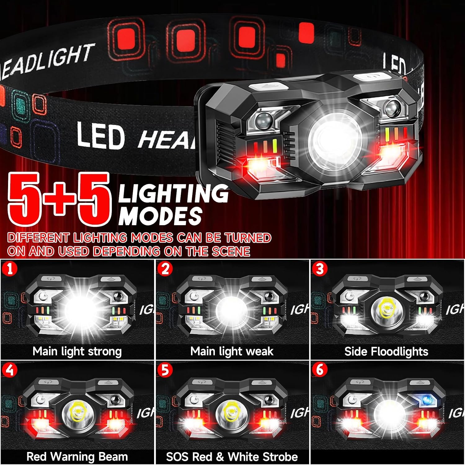 Headlamp Rechargeable 12Pack, 3000 Lumen Ultra-Light Bright Headlamp Flashlight with White Red Light, LED Headlight Motion Sensor, 5+5 Mode for Outdoor Camping Fishing Running Hiking (12)