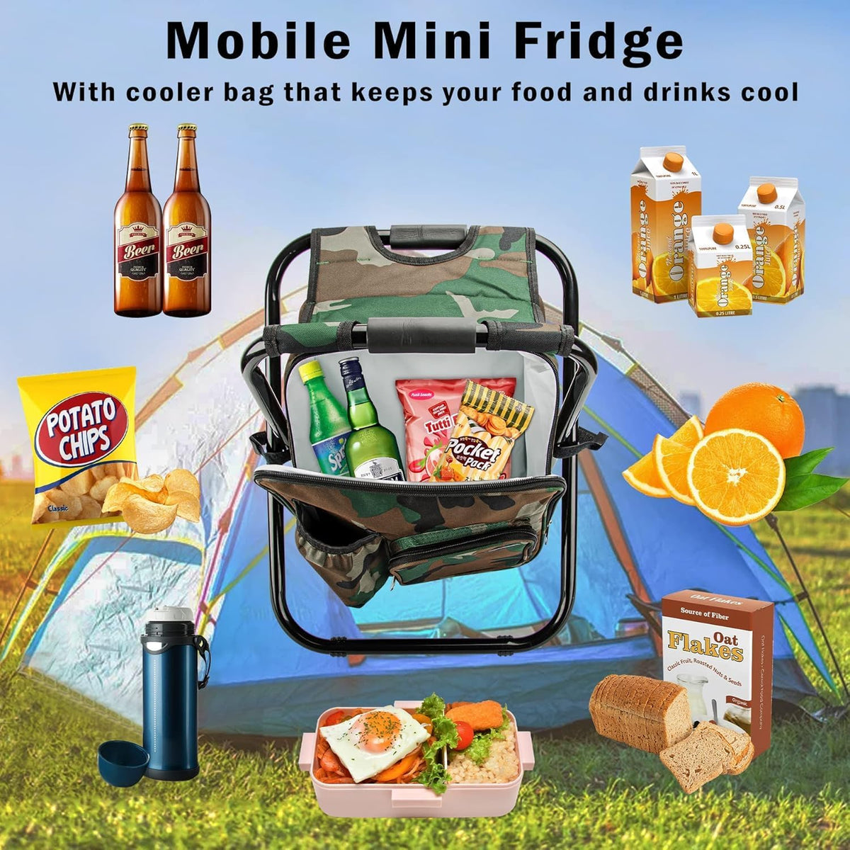 Kikerike Folding Stool Backpack Insulated Cooler Bag, Collapsible Camping Hunting Fishing Multifunction Chair with Front Pocket and Bottle Pocket for Outdoor Events, Hiking, Travel, Beach