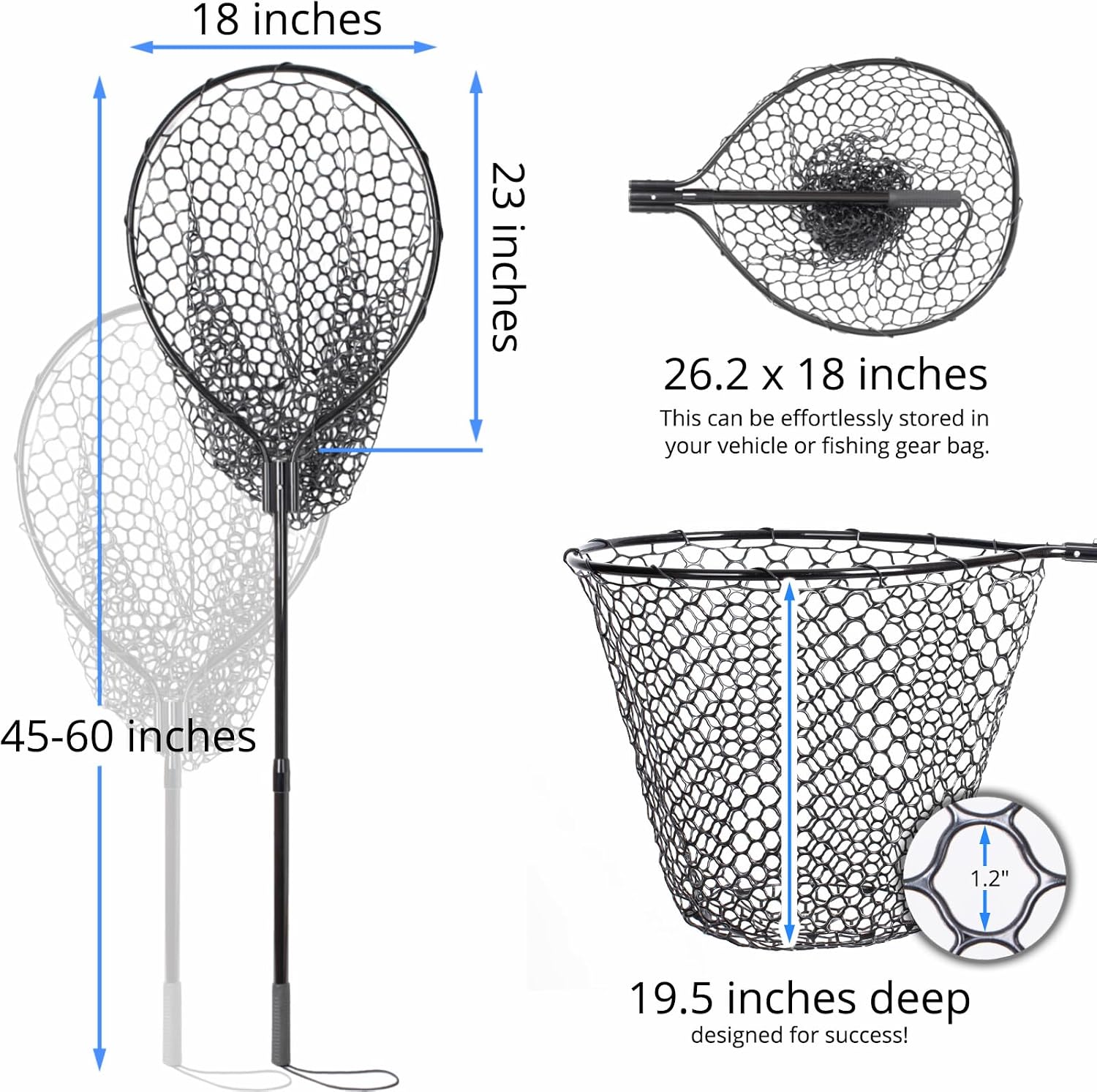 High Strength Large Landing Net, Fishing Net with Long Telescoping Handle