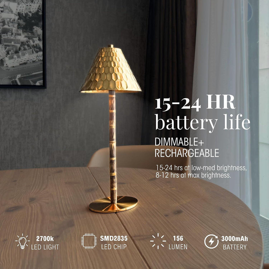 Bamboo Cordless LED Table Lamp – Rechargeable 24-Hour Battery, Dimmable Warm Light, Portable Wireless Lamp with Remote for Indoor/Outdoor Use, Home, Patio, Restaurant – (TEXTURED GOLD), 14.76" Tall