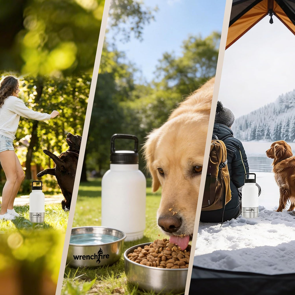 32 oz Instulated Stainless Steel Dog Water Bottle with 2 Detachable Bowls,Portable Cat Travel Dispenser with Brush for Walking Hiking Camping,White
