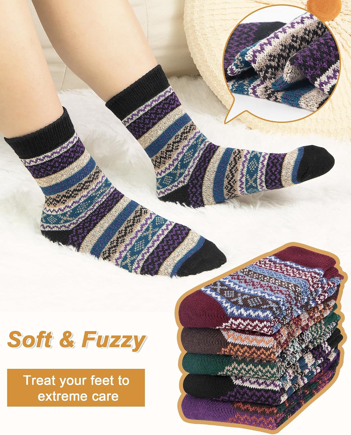 Senker Fashion Wool Socks for Women, 5 Pairs Winter Warm Crew Boot Socks