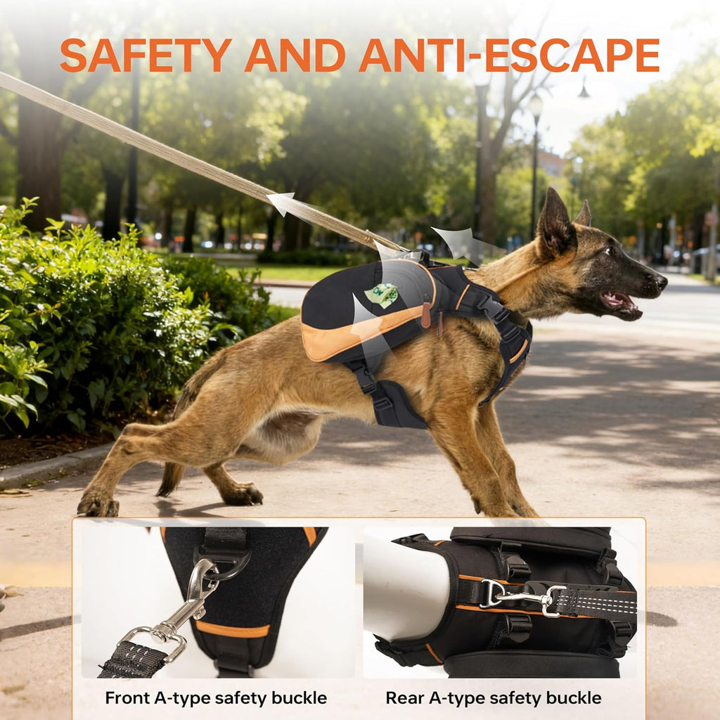 Dog Backpack for Medium & Large Dogs, Detachable Side Bags, Quick-Poop Bag Dispenser | No-Pull Adjustable Harness for Large-Chested Breeds | Non-Slip Handle for Hiking, Walking, Outdoor Adventures（S）