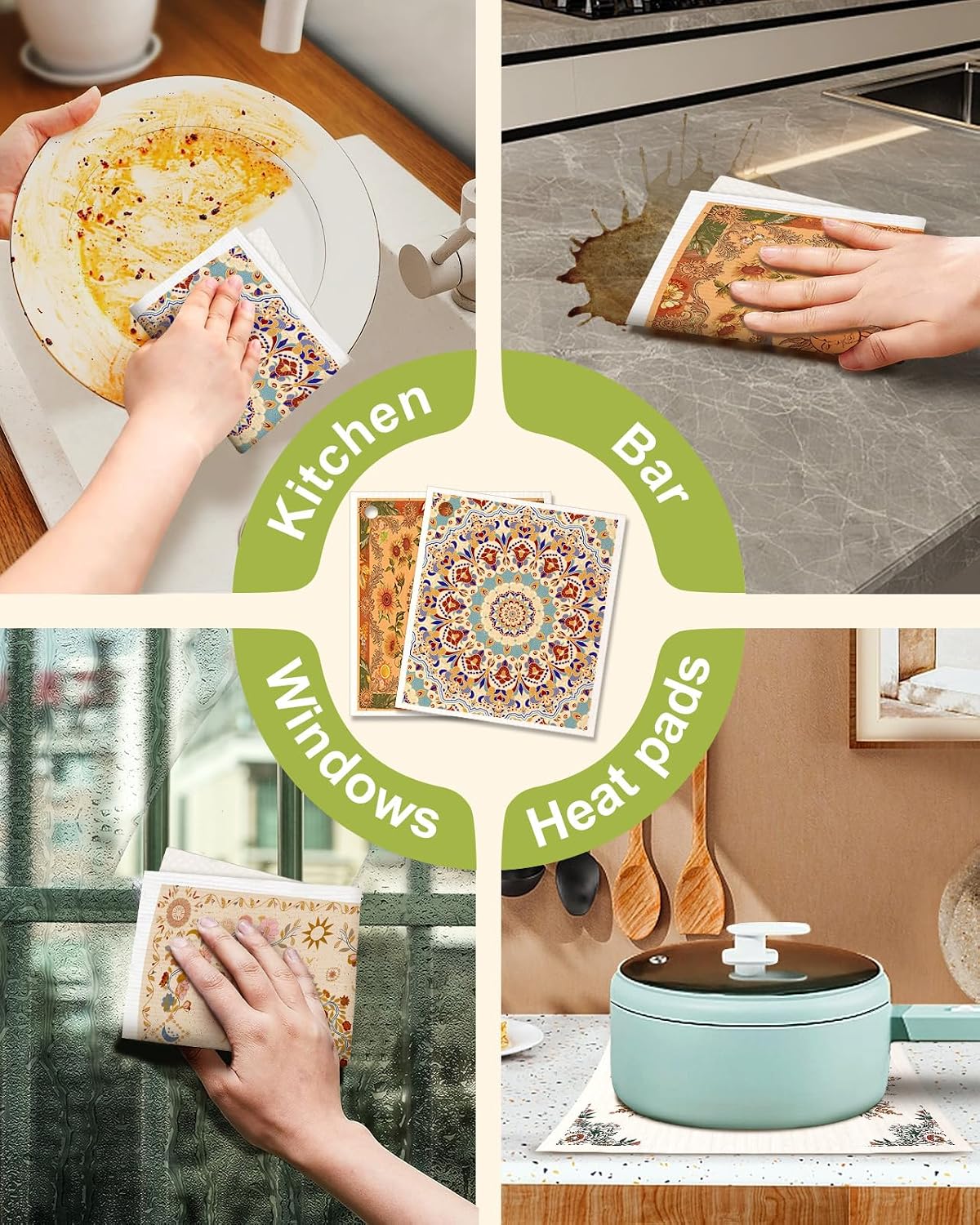 Miss Adola 6 Pack Swedish Dishcloths for Kitchen - Reusable Dish Cloths for Washing Dishes Absorbent Cute Funny Kitchen Towels Cleaning Sponge, Bohemi
