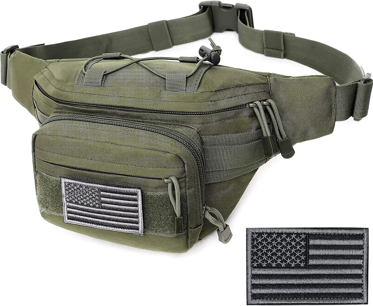 Tactical Fanny Pack, Military Waist Bag Hip Belt Bumbag Utility Bags for Outdoor Hiking Climbing Fishing with U.S Patch(Green)