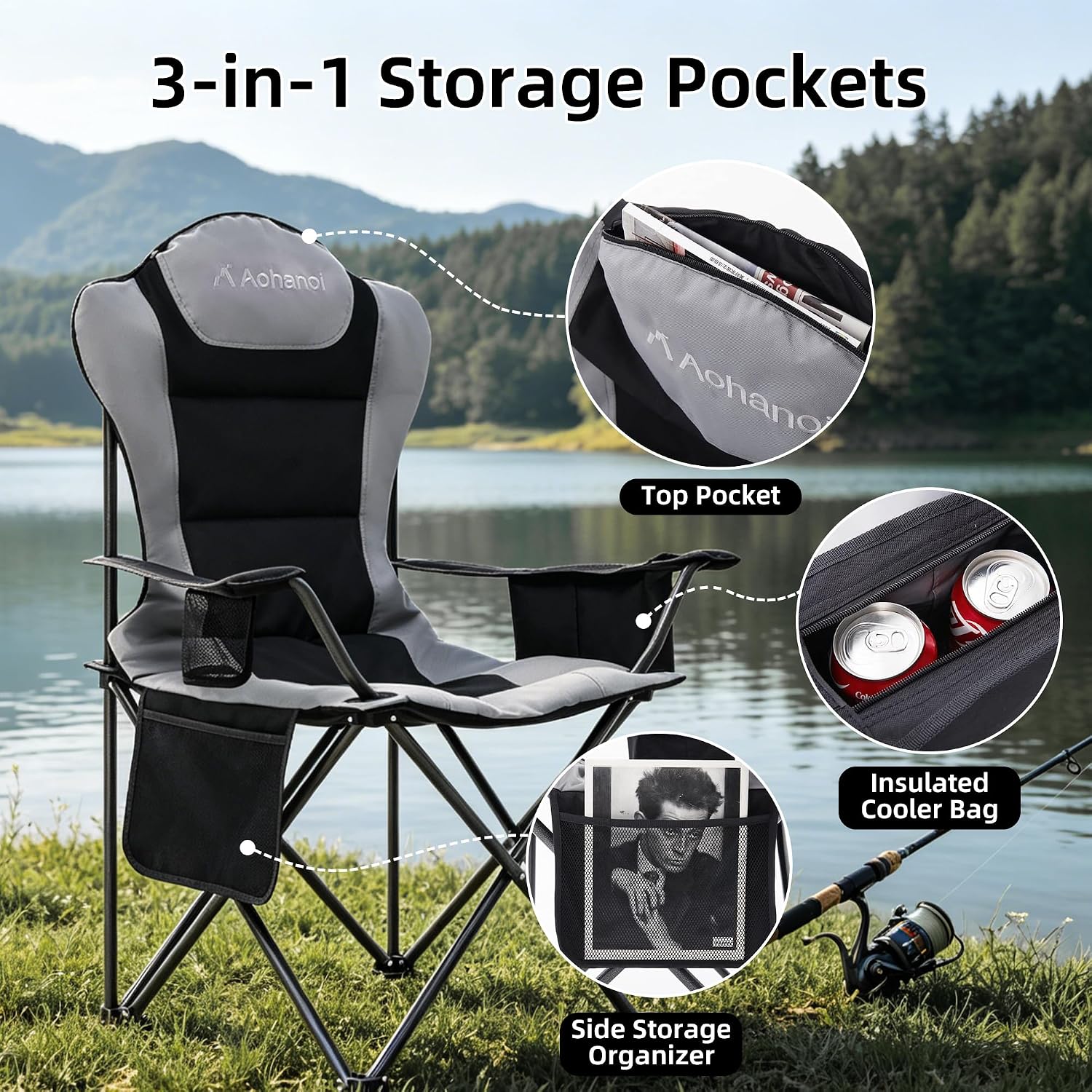 Aohanoi Heavy Duty Camping Chairs for Adults with Cup Holder & Cooler Bag