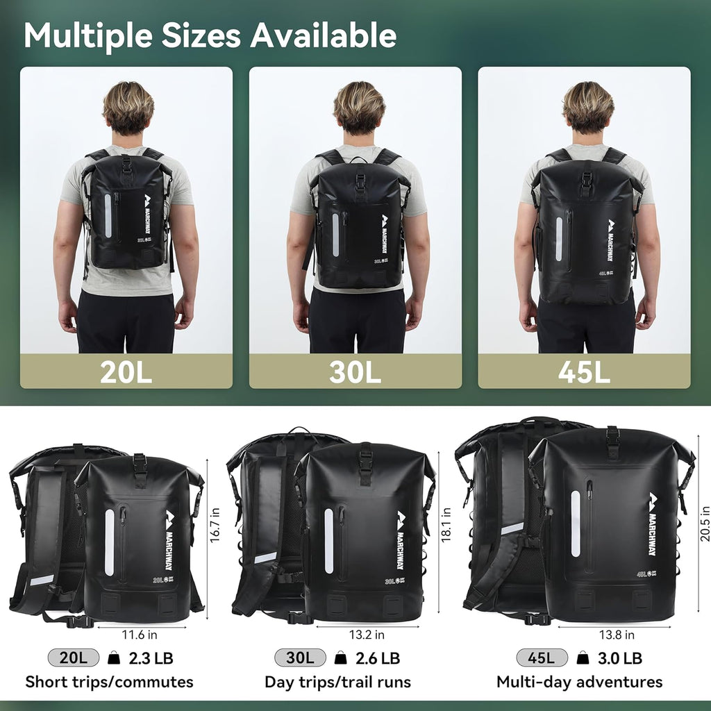 MARCHWAY Roll Top Waterproof Backpack, Floating Dry Bag 20L/30L/45L with Ergonomic Rectangular Base, Cushioned Back, Hip Strap for Hiking Camping Kayaking Travel (Black, 30L)