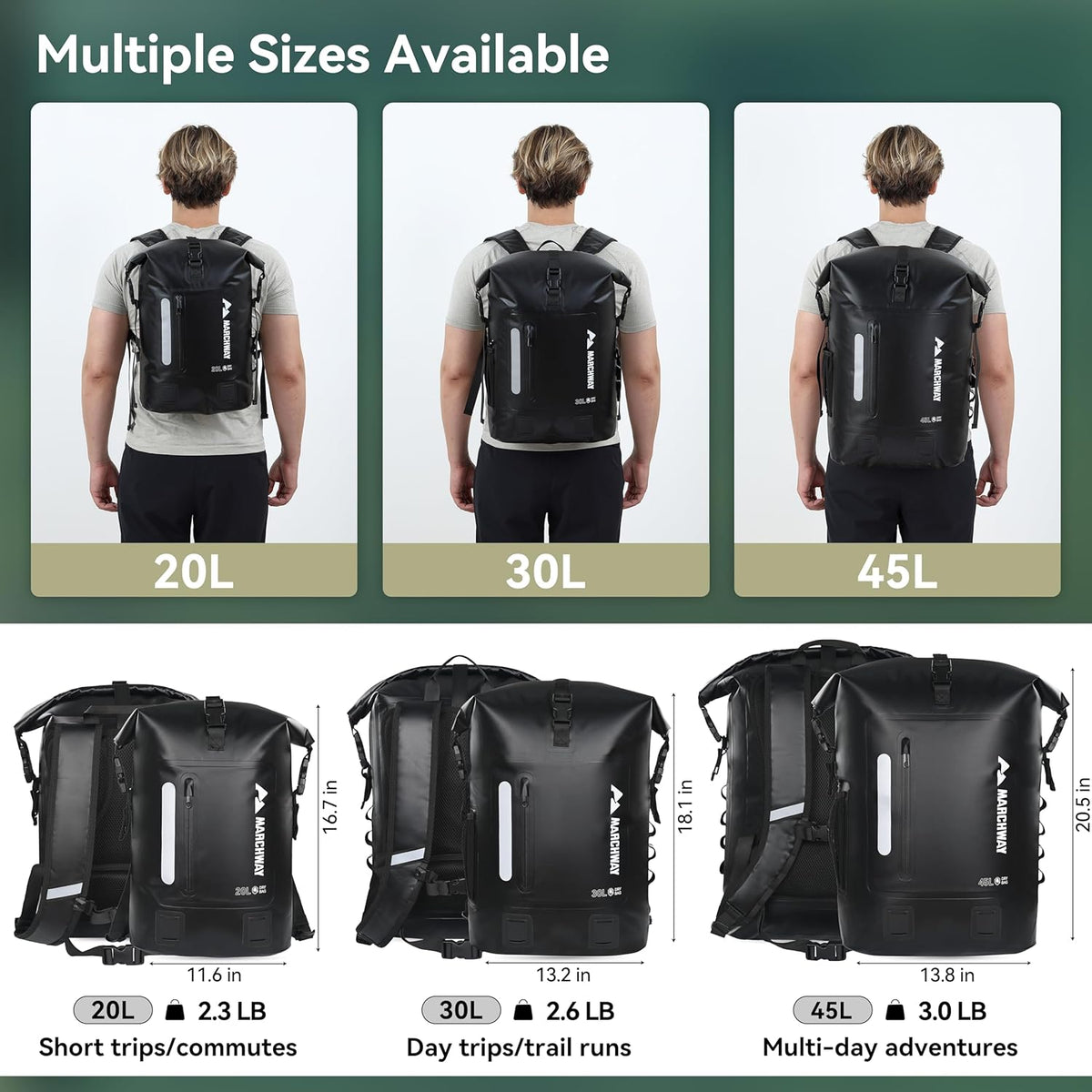 MARCHWAY Roll Top Waterproof Backpack, Floating Dry Bag 20L/30L/45L with Ergonomic Rectangular Base, Cushioned Back, Hip Strap for Hiking Camping Kayaking Travel (Black, 30L)