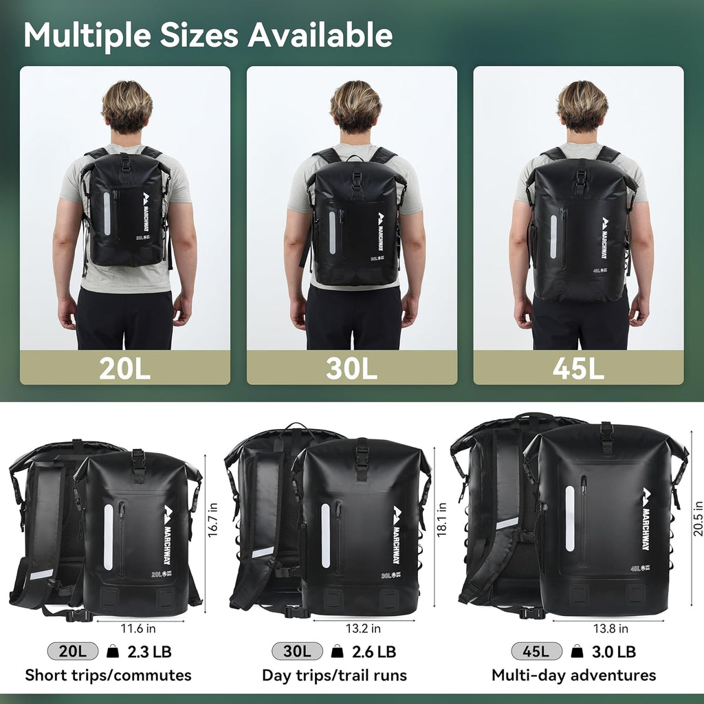MARCHWAY Roll Top Waterproof Backpack, Floating Dry Bag 20L/30L/45L with Ergonomic Rectangular Base, Cushioned Back, Hip Strap for Hiking Camping Kayaking Travel (Black, 20L)