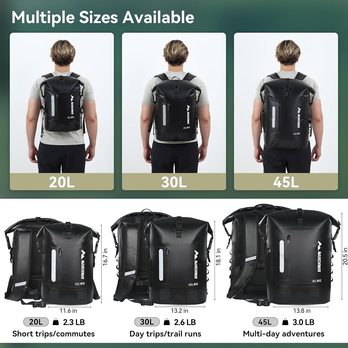 MARCHWAY Roll Top Waterproof Backpack, Floating Dry Bag 20L/30L/45L with Ergonomic Rectangular Base, Cushioned Back, Hip Strap for Hiking Camping Kayaking Travel (Black, 20L)