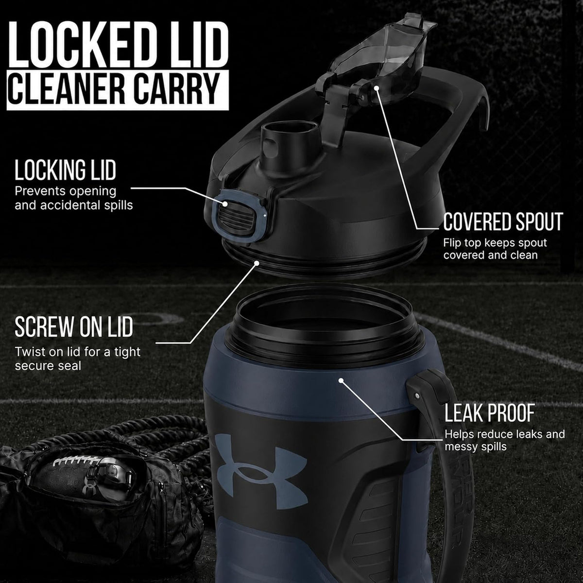 Under Armour Insulated Water Bottle with Handle & Fence Hook, Half Gallon Sports Water Jug, Leak-Resistant & BPA-Free for Baseball, Football & Gym - Academy/Black, 64oz