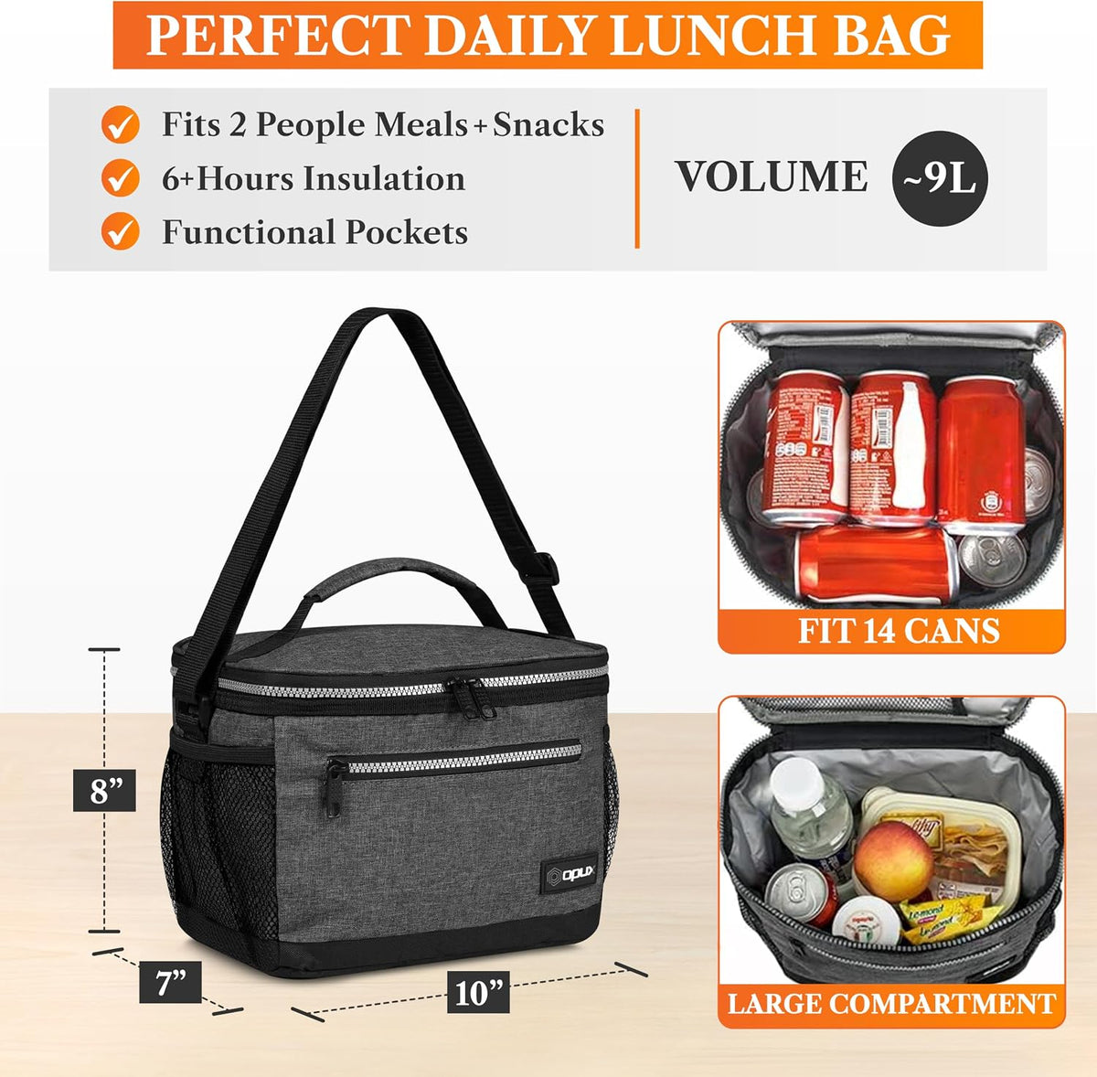 opux Insulated Lunch Bag for Men Women, Leakproof Kids Lunch Box, Charcoal